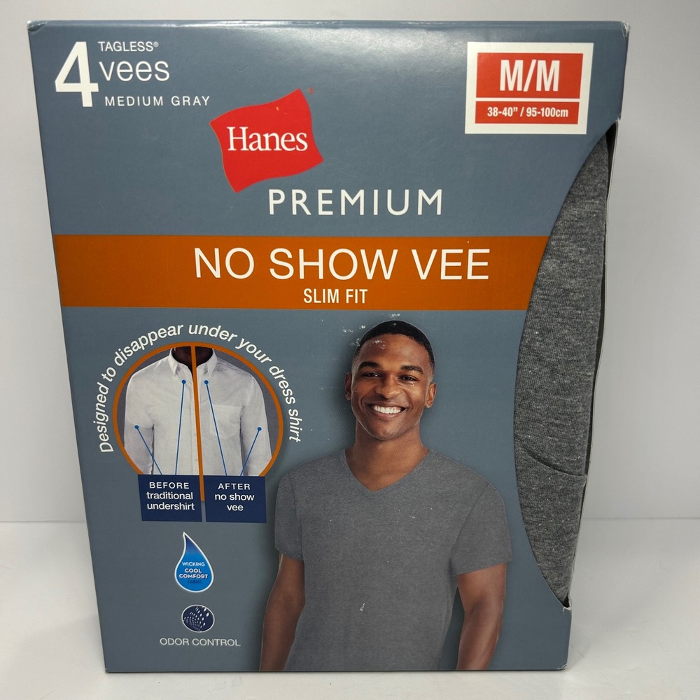 Hanes Premium 4 Pack No Show Vee Slim Fit Undershirts Medium Gray Size New